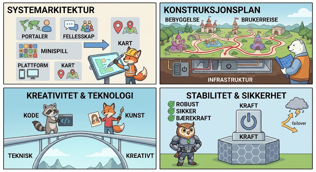 Illustrasjon i fire ruter med dyrefigurer: en rev i vernehjelm tegner systemarkitekturen med portaler, fellesskap, minispill og kart; en isbjørn holder konstruksjonsplanen for et eventyrland med infrastruktur under bakken; en vaskebjørn med kode og en rev med pensel møtes på en bro mellom teknisk og kreativt; en ugle i rustning vokter et robust og sikkert kraftsystem med failover.