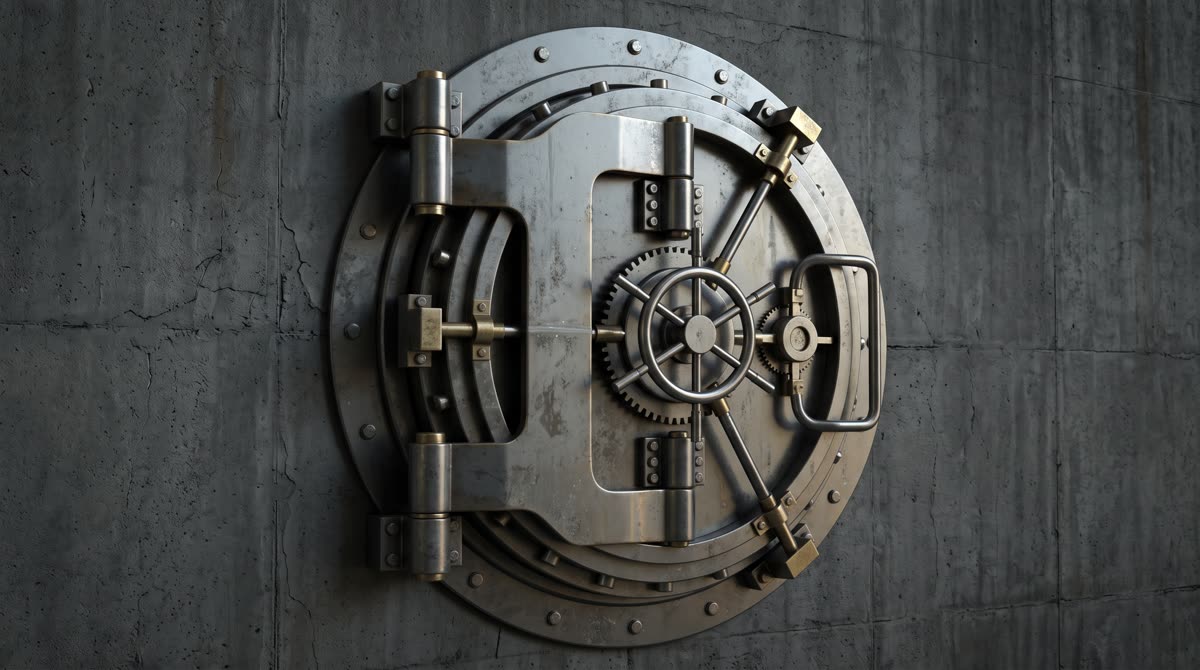 A round steel bank-vault door with a large wheel handle, set in a concrete wall